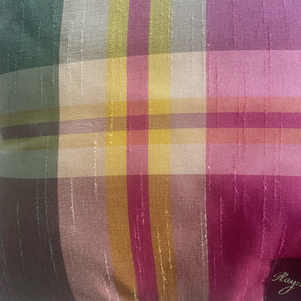 Raymond Waites Pillow Raw Silk Pink & Green Plaid Decorative Preppy - Picture 5 of 6